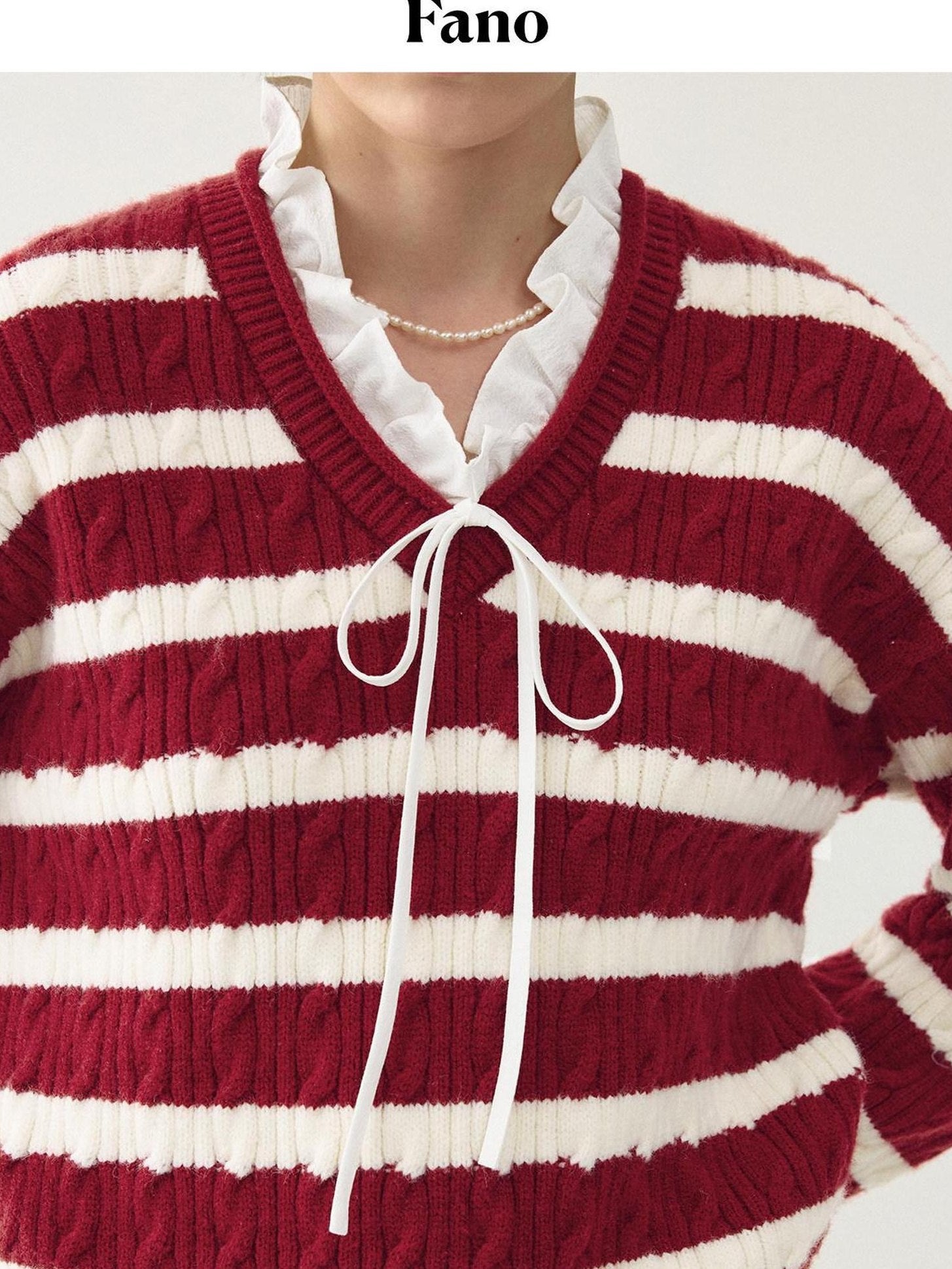 fano Ruffle Detail Loose Fit Commuter V-neck Long Sleeve Striped Women Sweaters