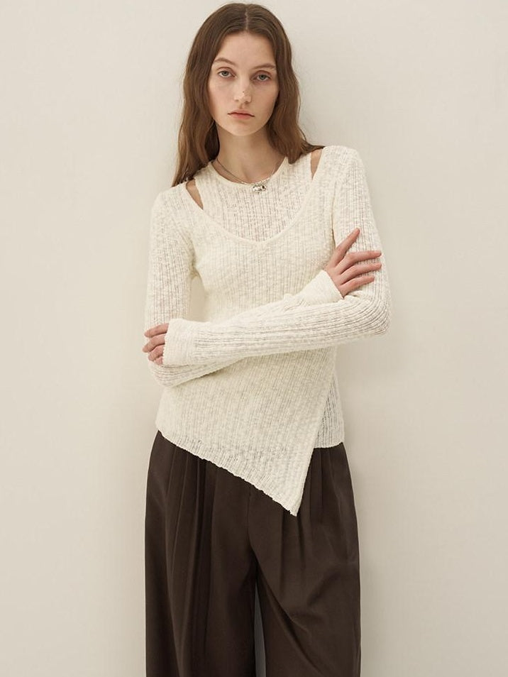 someone sometimes Polyester Blend Knit V-neck Slim Fit Sweet Ivory Women Long Sleeve T-Shirts