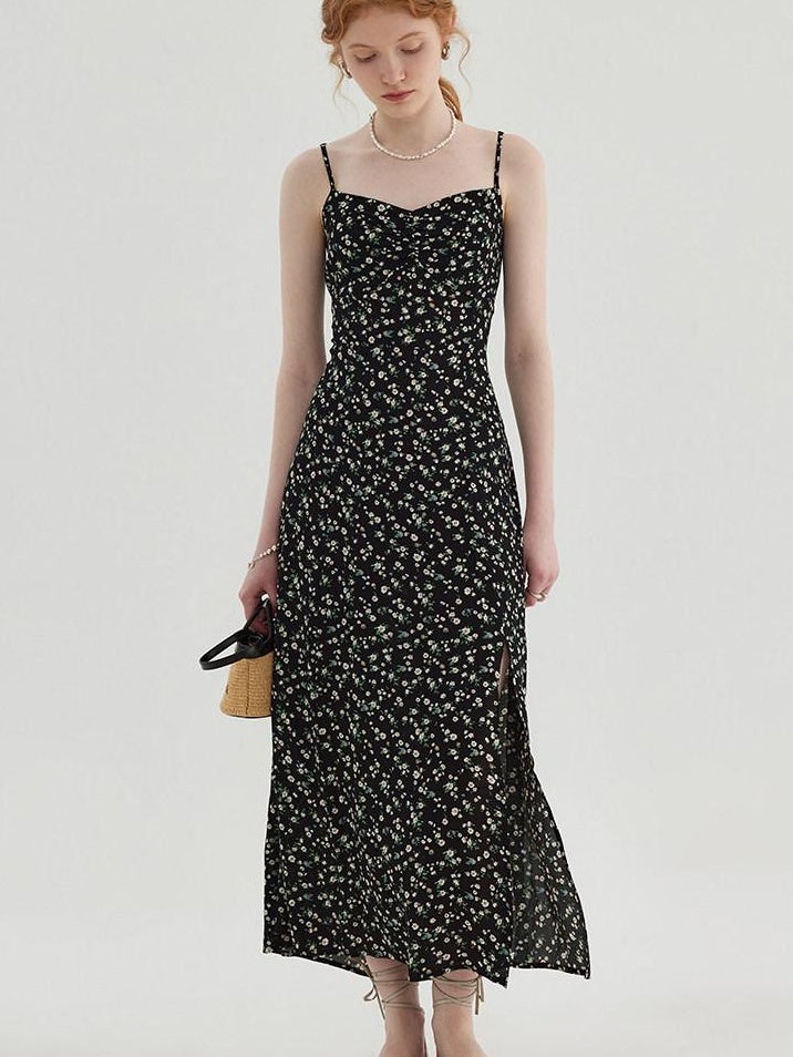 fano Viscose Square Neck Puff Sleeve A Line Casual Black Floral Maxi Dresses