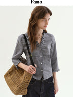 fano Warm Cotton V-neck Tie Slim Minimal 3 4 Sleeve Blue White Check Work Blouses
