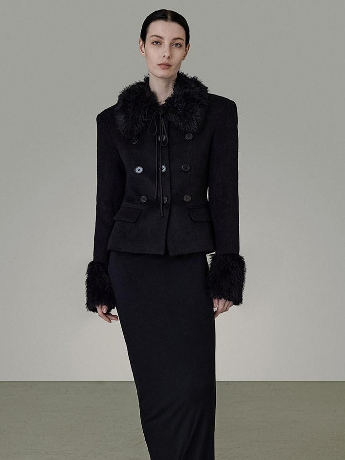 unspoken Warm Wool Blend Slim Fit Button Front Women Black Long Sleeve Cropped Jackets