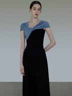 unspoken High Waist Colorblock V-neck A Line Viscose Knit Casual Women Maxi Dresses