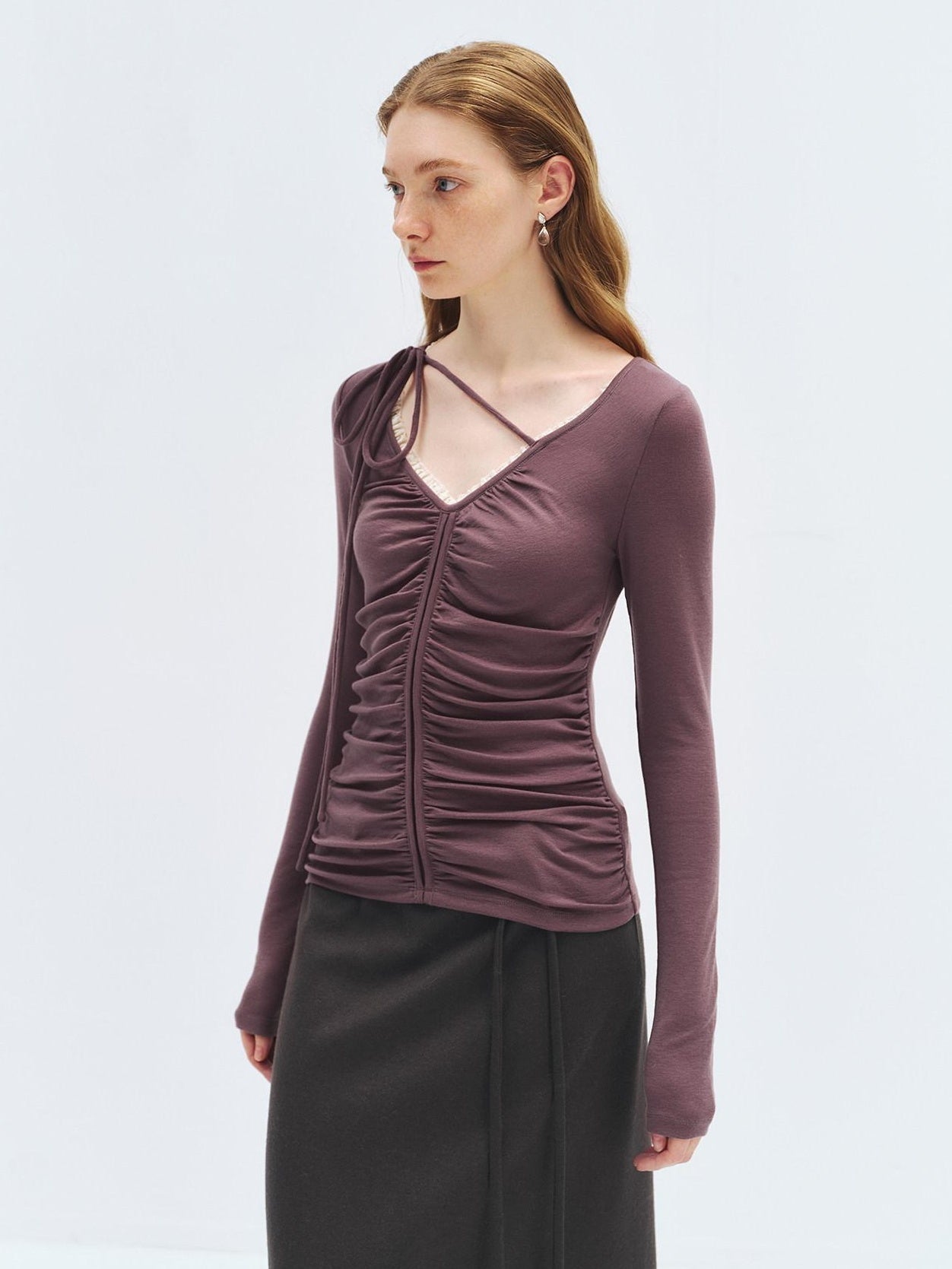 someonesometimes Lyocell Wool Slim Fit V-neck Knit Women Fig Purple Long Sleeve T-Shirts