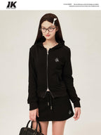 ikyou Sleek Slim Fit Zip Up Patchwork Pockets Commuter Cotton Lined Hoodie