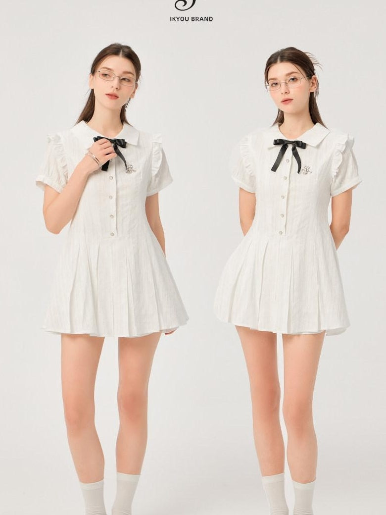 ikyou Pure Cotton Cinched Waist Minimal A Line Short Sleeve White Women Midi Dresses
