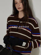 Lofi choose Colorblock Striped Polo Collar Relaxed Fit Commuter Women Knitwear Sweaters