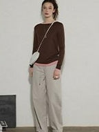Lofi choose Soft Oversized Loose Fit Round Neck Women Blue Brown Long Sleeve T-Shirts