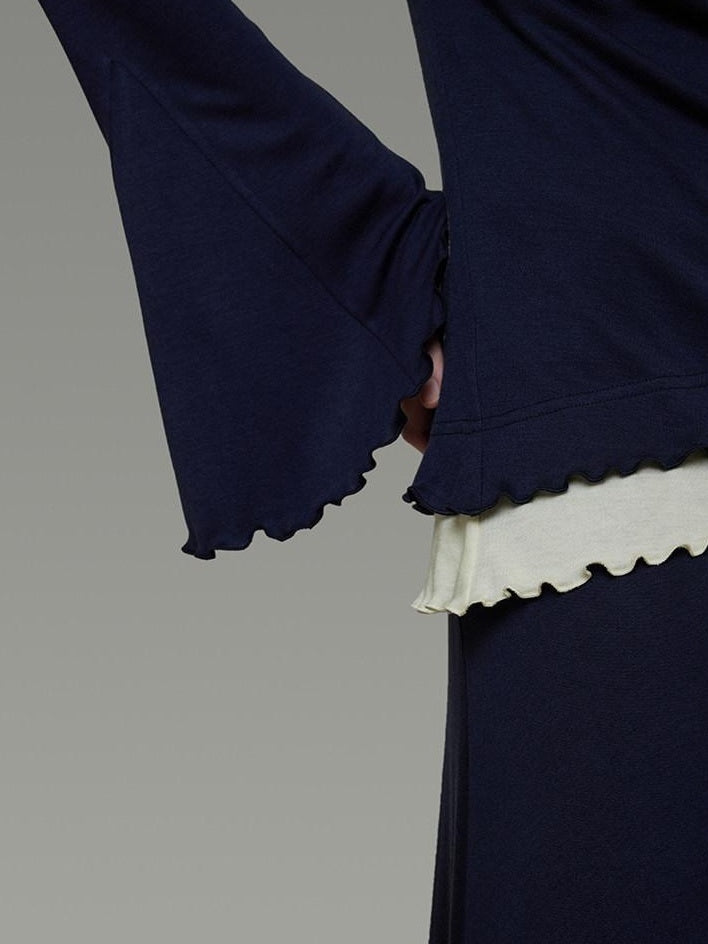 unspoken Navy Tencel Slim Fit Knit Round Neck High Waist Casual Women Top & Skirt Sets