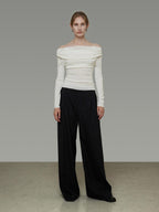 unspoken Soft Breathable Knit One Shoulder Slim Fit Office White Long Sleeve Blouses