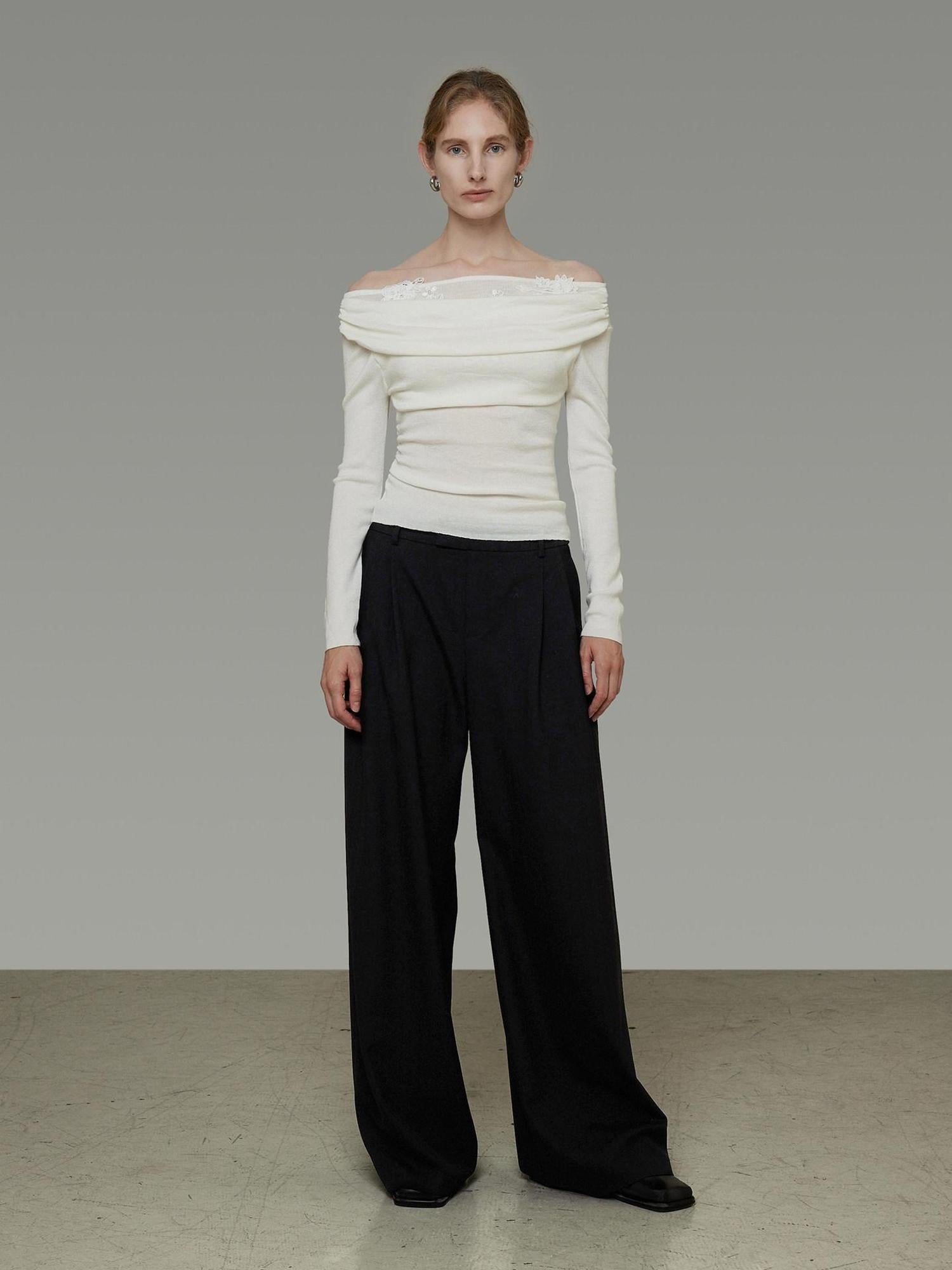 unspoken Soft Breathable Knit One Shoulder Slim Fit Office White Long Sleeve Blouses