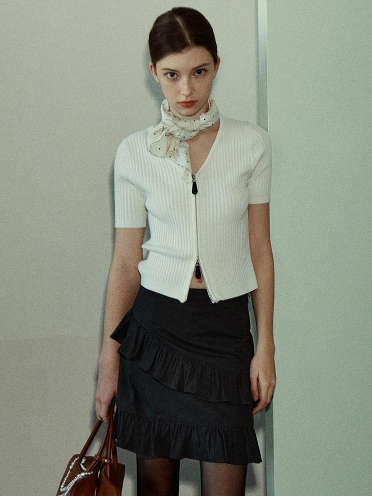fano Soft Minimalist V-neck Cropped Short Sleeve White Polyester Blend Cardigans
