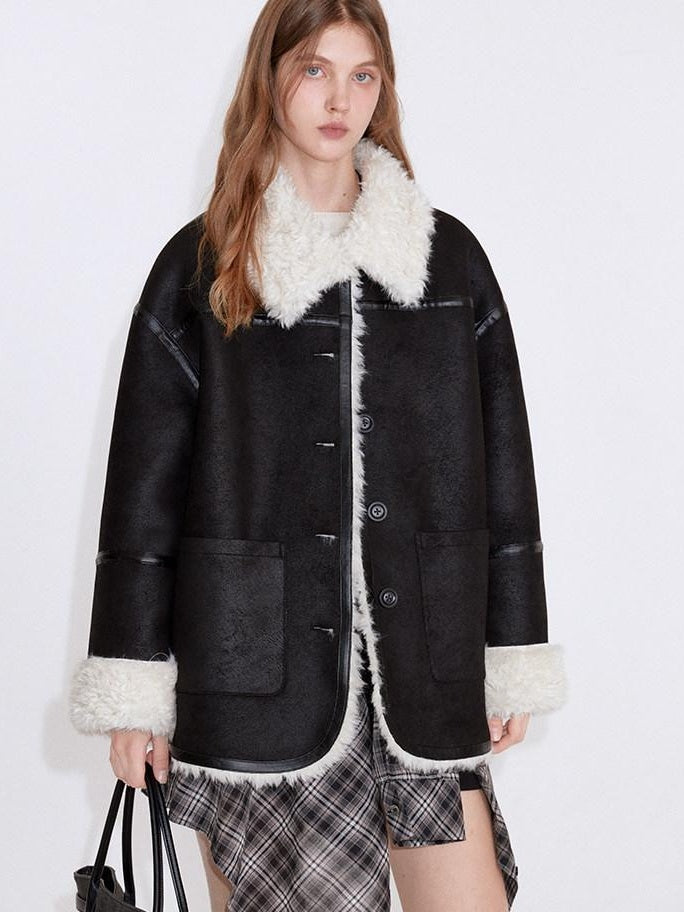 fano Contrast Color Trim Casual Loose Fit Lapel Collar Women Daily Black Short Coat