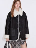 fano Contrast Color Trim Casual Loose Fit Lapel Collar Women Daily Black Short Coat
