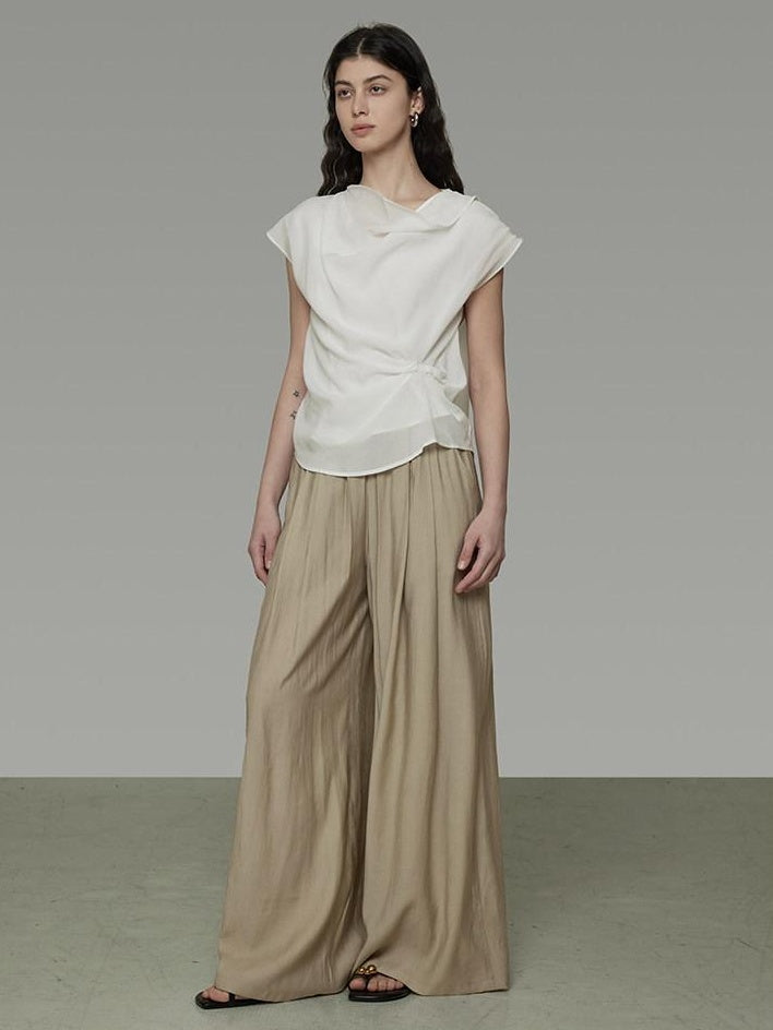 unspoken High Waist Pleated Elastic Workwear Khaki Viscose Wide Leg Pants