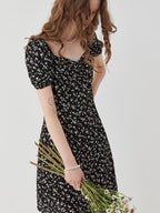 fano Viscose Square Neck Puff Sleeve A Line Casual Black Floral Maxi Dresses