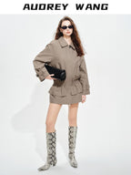 audreyyang Ruched Cotton Mid Length Zip Elastic Hem Long Sleeve Women Gray Cropped Jackets