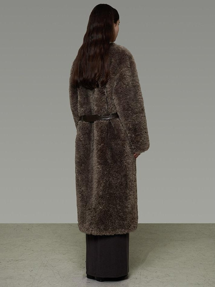unspoken Warm Belted V-neck Loose Fit Commuter Women Brown Gray Long Coats