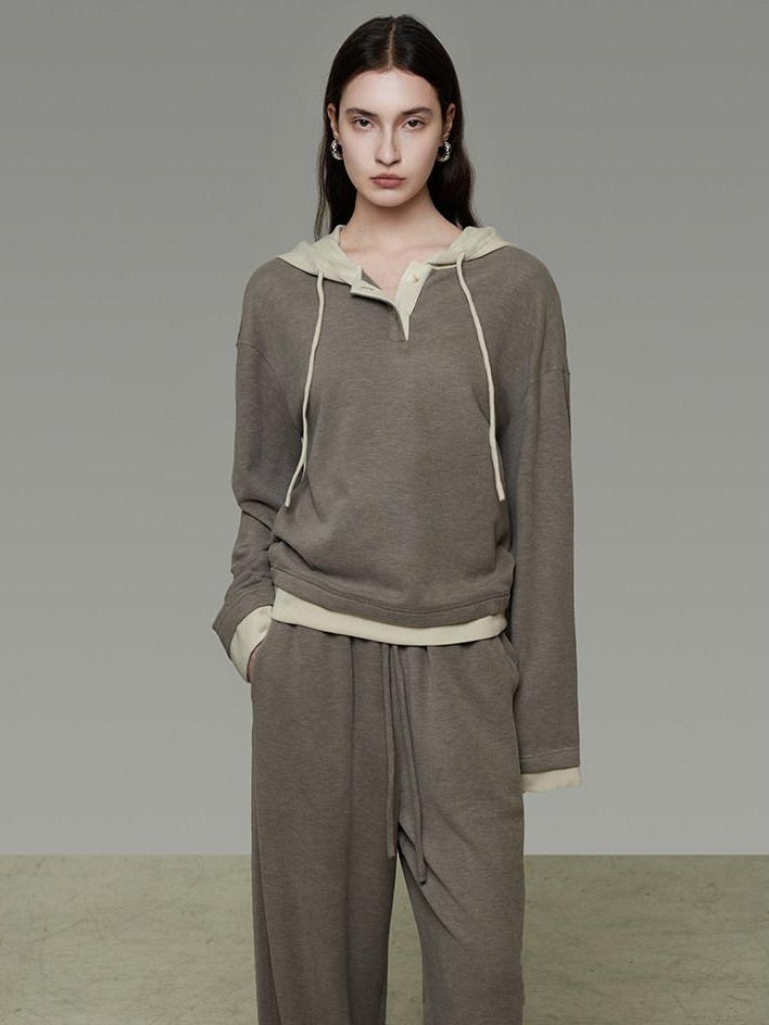 unspoken Colorblock Hooded Loose Two Piece High Waist Pants Women Casual Lounge Sets