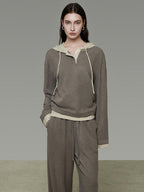 unspoken Colorblock Hooded Loose Two Piece High Waist Pants Women Casual Lounge Sets