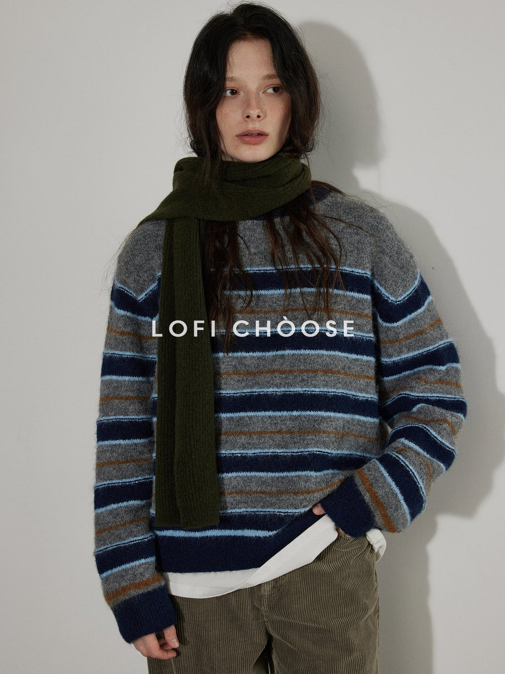 Lofi choose Wool Blend Relaxed Striped Crewneck Pullover Commuter Office Women Tops Sweaters