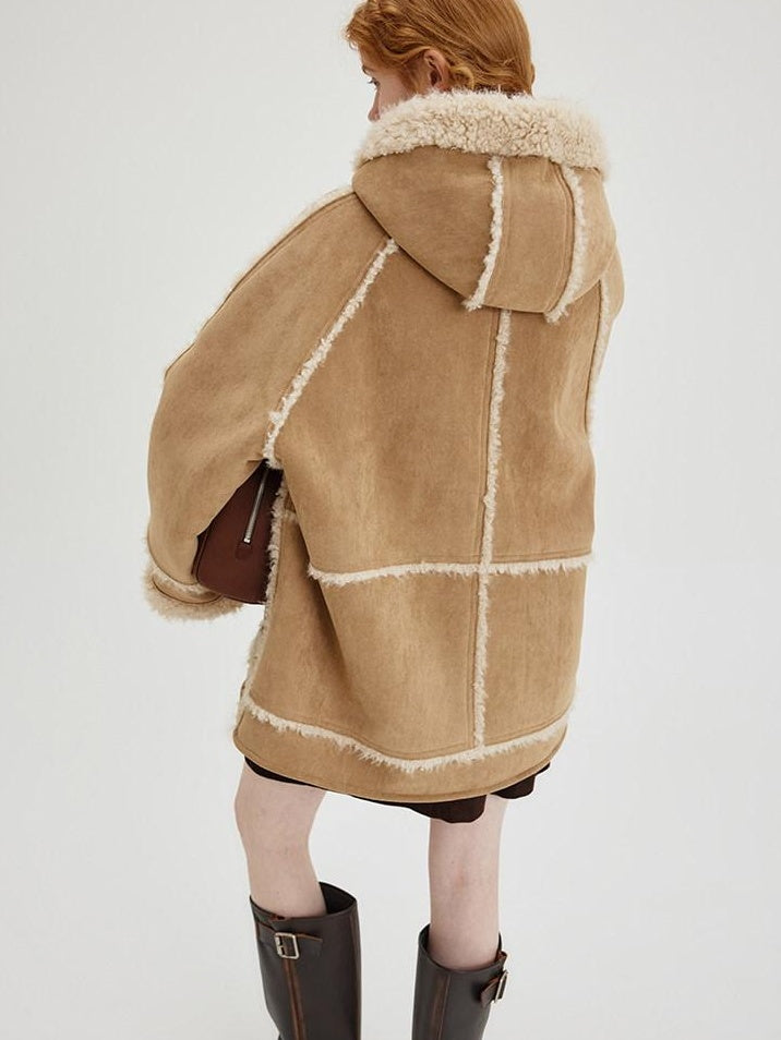 fano Warm Wool Blend Hooded Loose Patchwork Womens Commuter Long Coats
