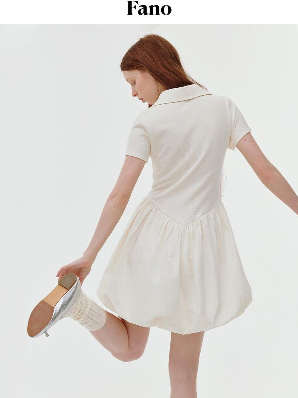 fano Stretch Short Sleeve Polo Cocoon Bubble Skirt Natural Waist Beige Midi Dresses