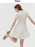 fano Stretch Short Sleeve Polo Cocoon Bubble Skirt Natural Waist Beige Midi Dresses