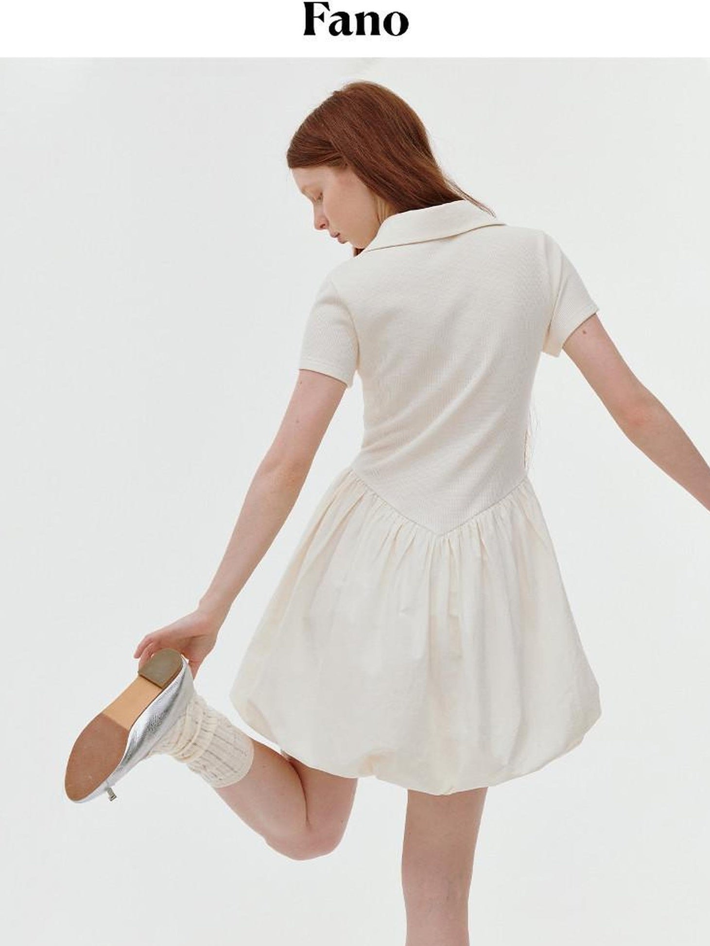 fano Stretch Short Sleeve Polo Cocoon Bubble Skirt Natural Waist Beige Midi Dresses