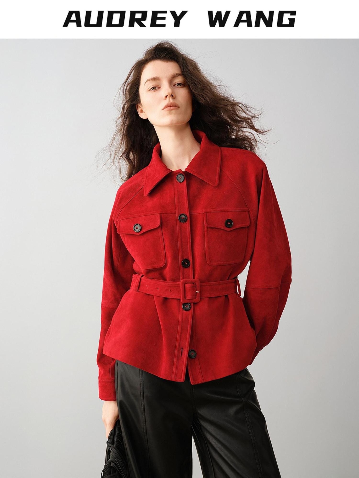 audreyyang Premium Lambskin Loose Fit Lapel Button Women Chinese Red Cropped Jackets
