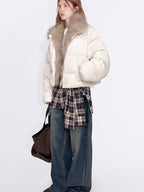 fano 90 Percent White Duck Down Warm Short Stand Collar Plaid Women Down Jackets
