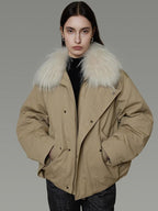 unspoken 90% White Duck Down Fur Collar Loose Commuter Khaki Zip Lapel Down Jackets