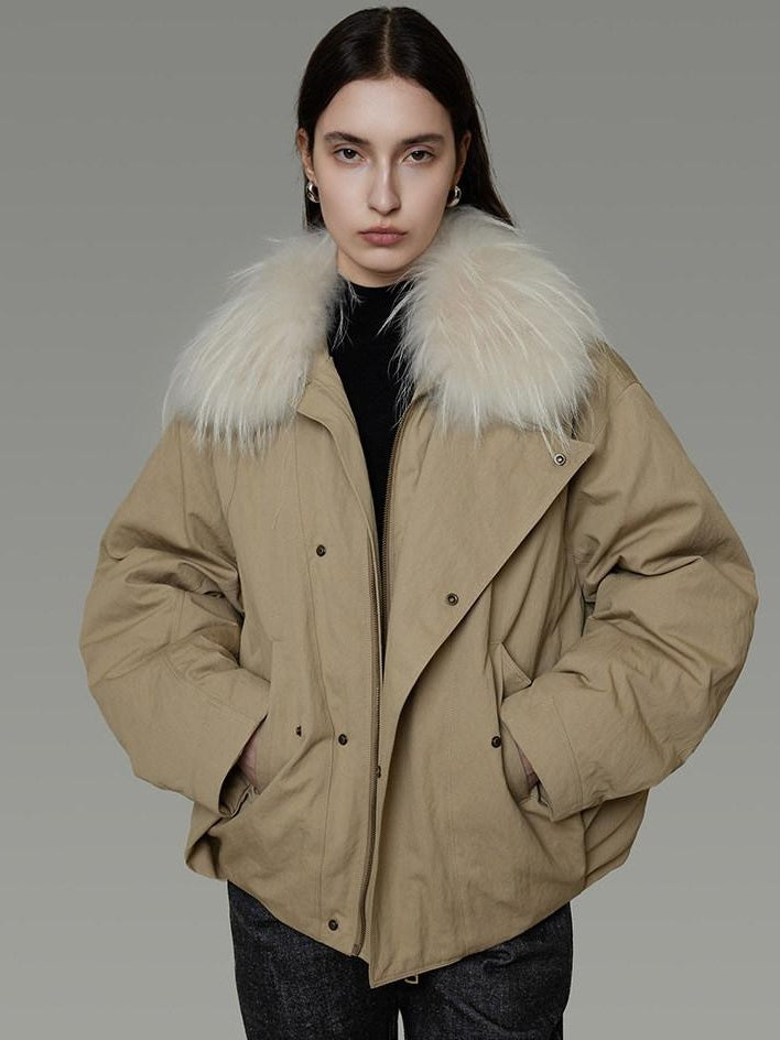 unspoken 90% White Duck Down Fur Collar Loose Commuter Khaki Zip Lapel Down Jackets