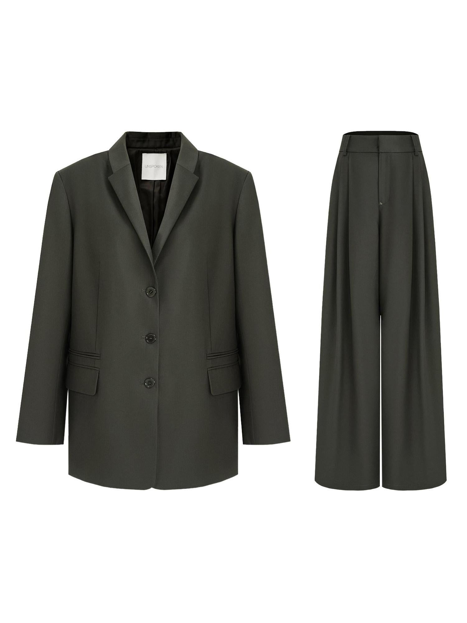 unspoken Breathable Dark Green Loose Lapel Blazer High Waist Casual Top & Skirt Sets