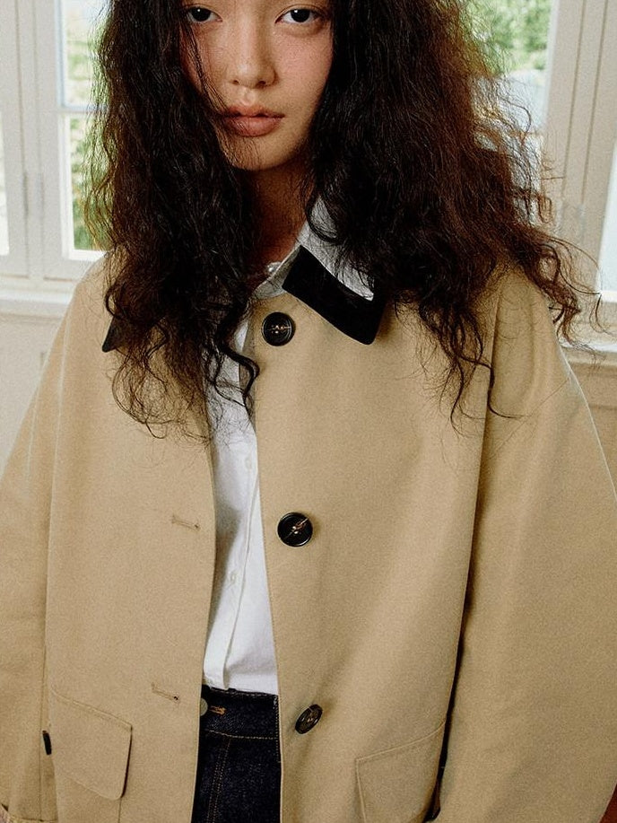 fano Khaki Black Contrast Short Cotton Blend Single Breasted Women Trench Coats