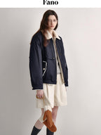 fano Patchwork Cozy Relaxed Loose Fit Commuter Navy Zipper Long Sleeve Puffer Jackets