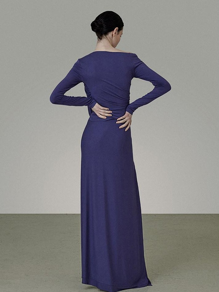 unspoken Button Slim Minimalist Office Workwear Long Sleeve Women Blue Top & Skirt Sets