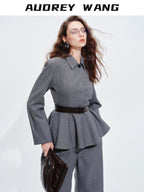 audreyyang Shape Retaining Cinched Waist Herringbone Lapel Women Wool Blend Cropped Jackets