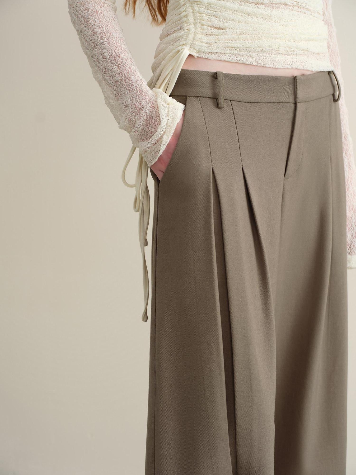 someone sometimes Stretch Pleated Casual Natural Waist Women Olive Green Zip Fly Wide Leg Pants