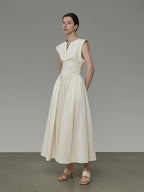 unspoken Pleated High Waist Minimal H Silhouette U Neck Sleeveless Office Maxi Dresses