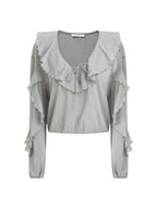 unspoken Breathable V-neck Ruffle Loose Fit Commuter Workwear Women Blue Pullover Blouses