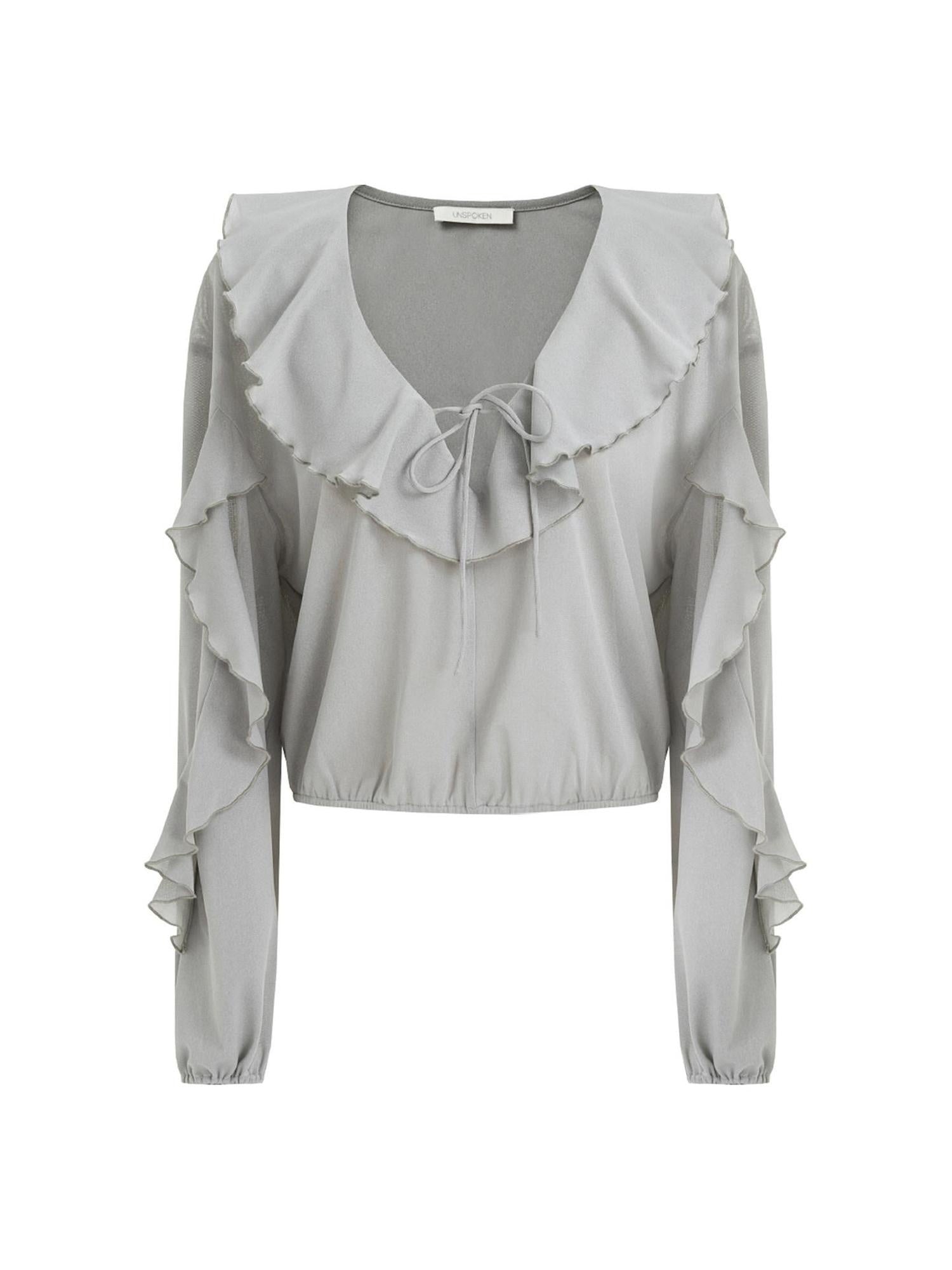 unspoken Breathable V-neck Ruffle Loose Fit Commuter Workwear Women Blue Pullover Blouses