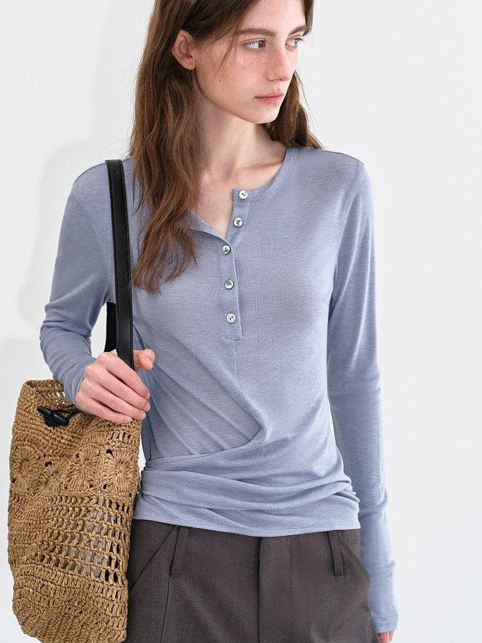fano Soft Lyocell Blend Slim Fit Office Tee For Women Haze Blue Long Sleeve T-Shirts