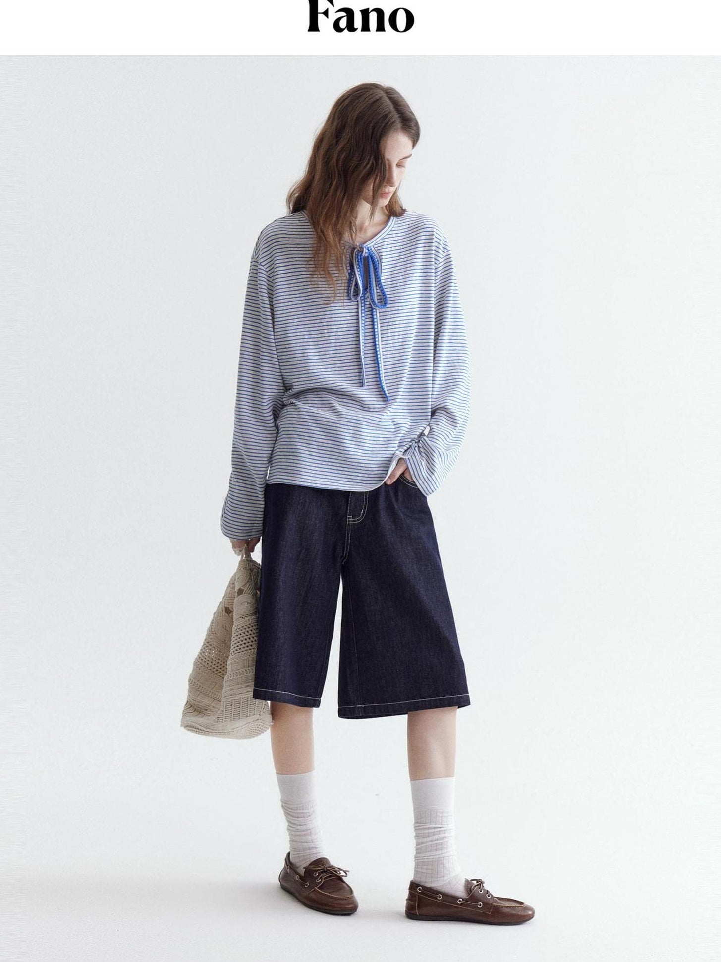 fano Space Cotton Blue White Fine Stripe Office Women Long Sleeve T-Shirts