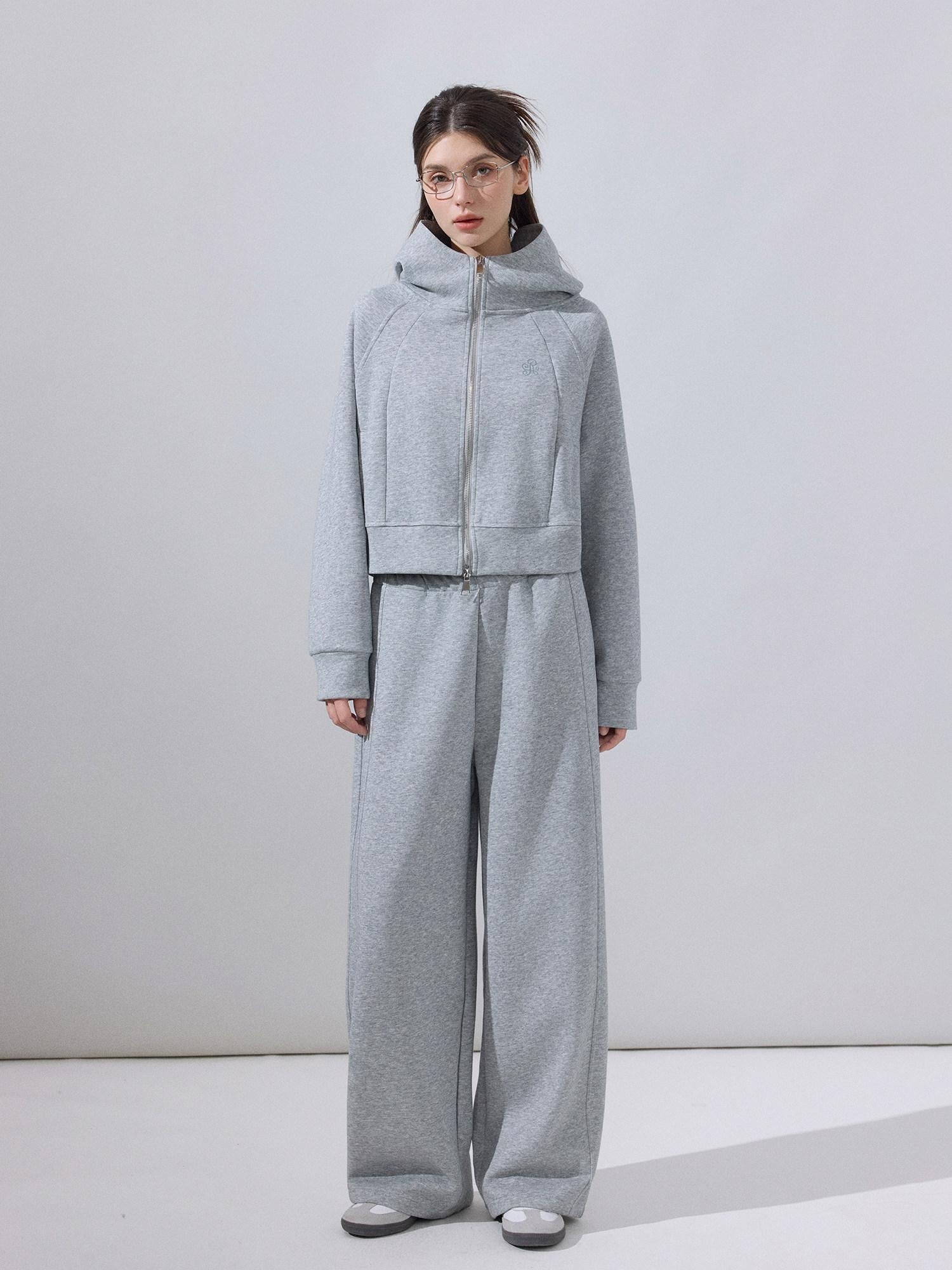 ikyou Embroidered Hooded Cropped Zipper Casual Women Cotton Blend Top & Pants Sets