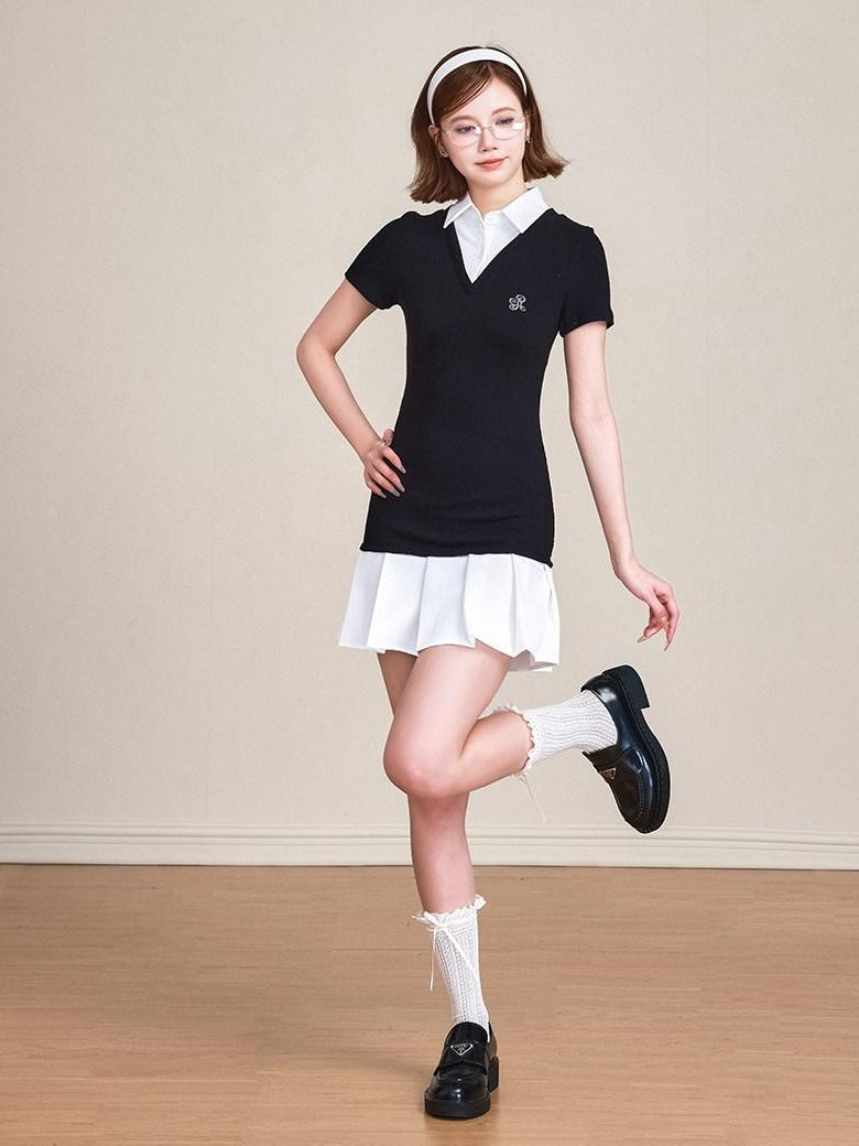 ikyou 100 Percent Cotton Waist Cinch Patchwork Collared Short Sleeve Midi Dresses