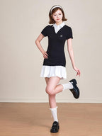 ikyou 100 Percent Cotton Waist Cinch Patchwork Collared Short Sleeve Midi Dresses