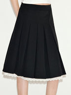 fano Sweet Lace Pleated Mid Waist Paneled Casual Women Black Midi Skirts