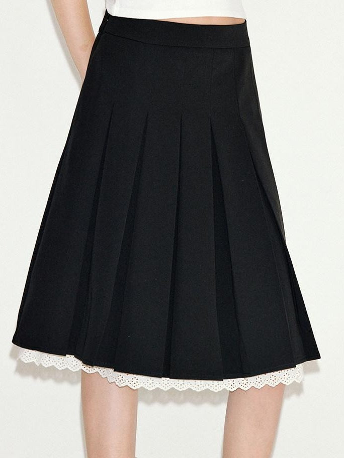 fano Sweet Lace Pleated Mid Waist Paneled Casual Women Black Midi Skirts
