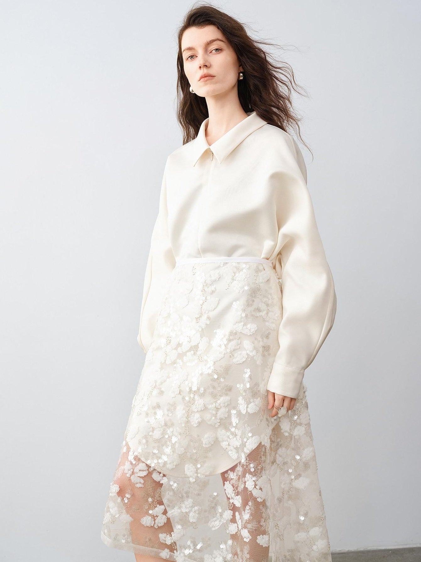 audreyyang Shimmering Sequin Lace Asymmetrical Mid Rise Tie Waist Women White Midi Skirts
