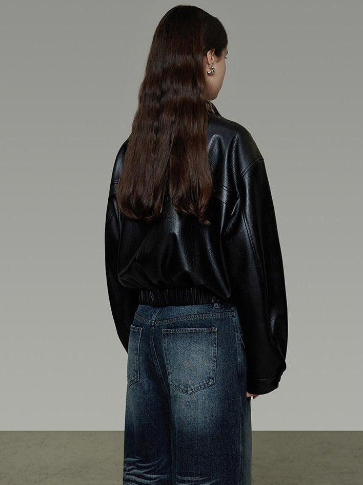 unspoken Commuter Loose Cropped Colorblock Patchwork Lapel Zipper Leather Jackets